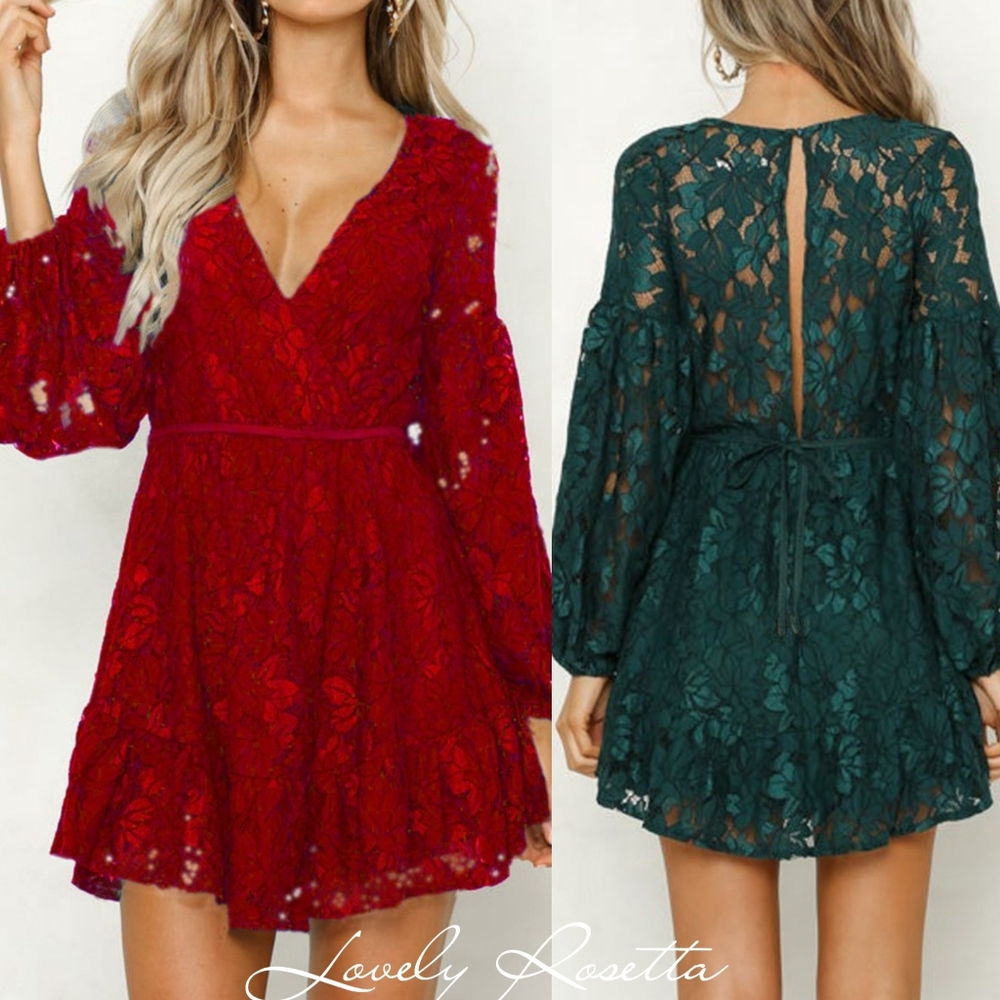 Red Romantic V-Neck Lace Dress